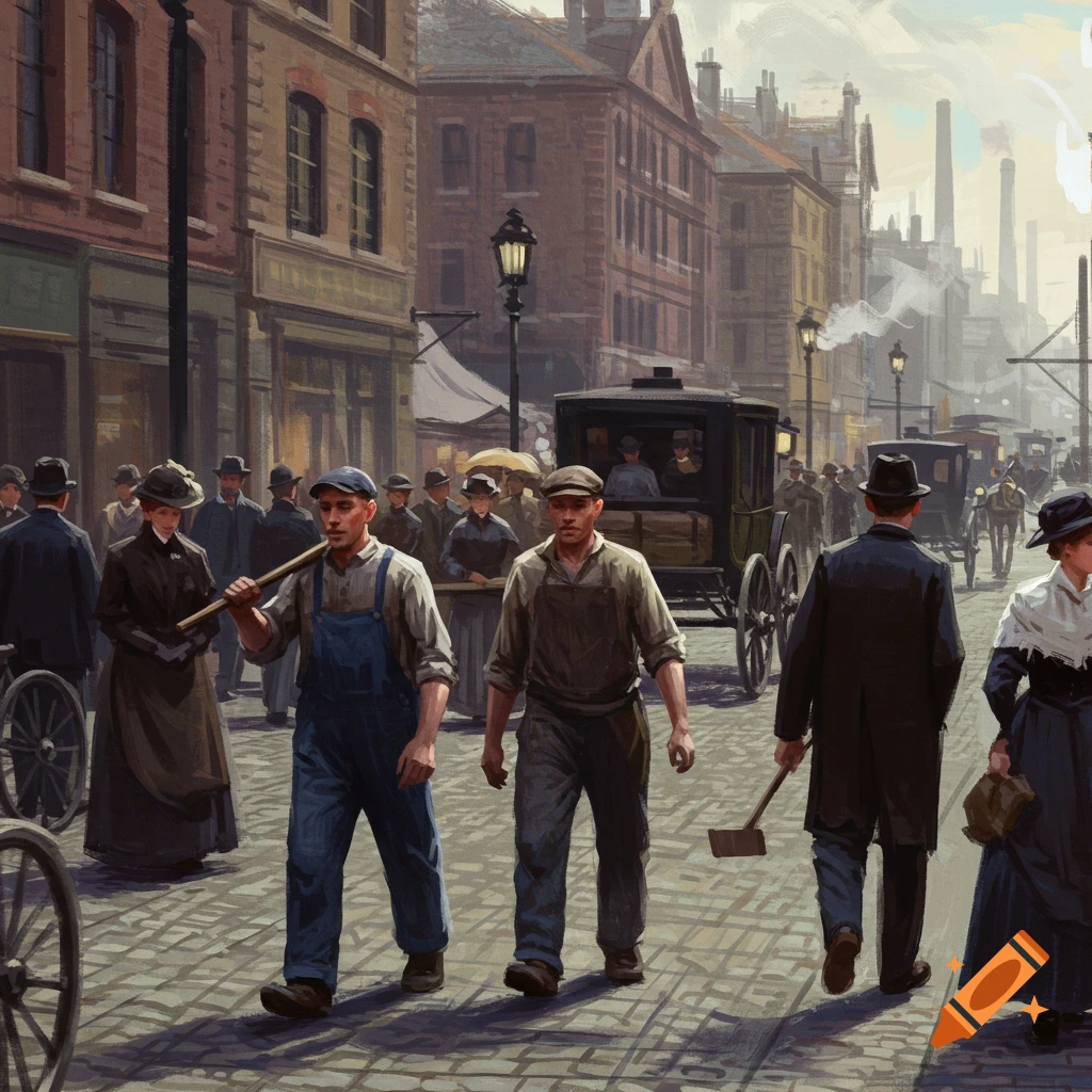 A bustling historical street scene with workers, carriages, and passersby.