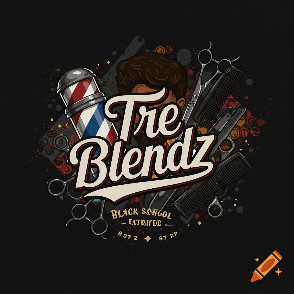 Illustrated barbershop logo with a barber pole, scissors, combs, and 'Tre Blendz' text on a dark background.