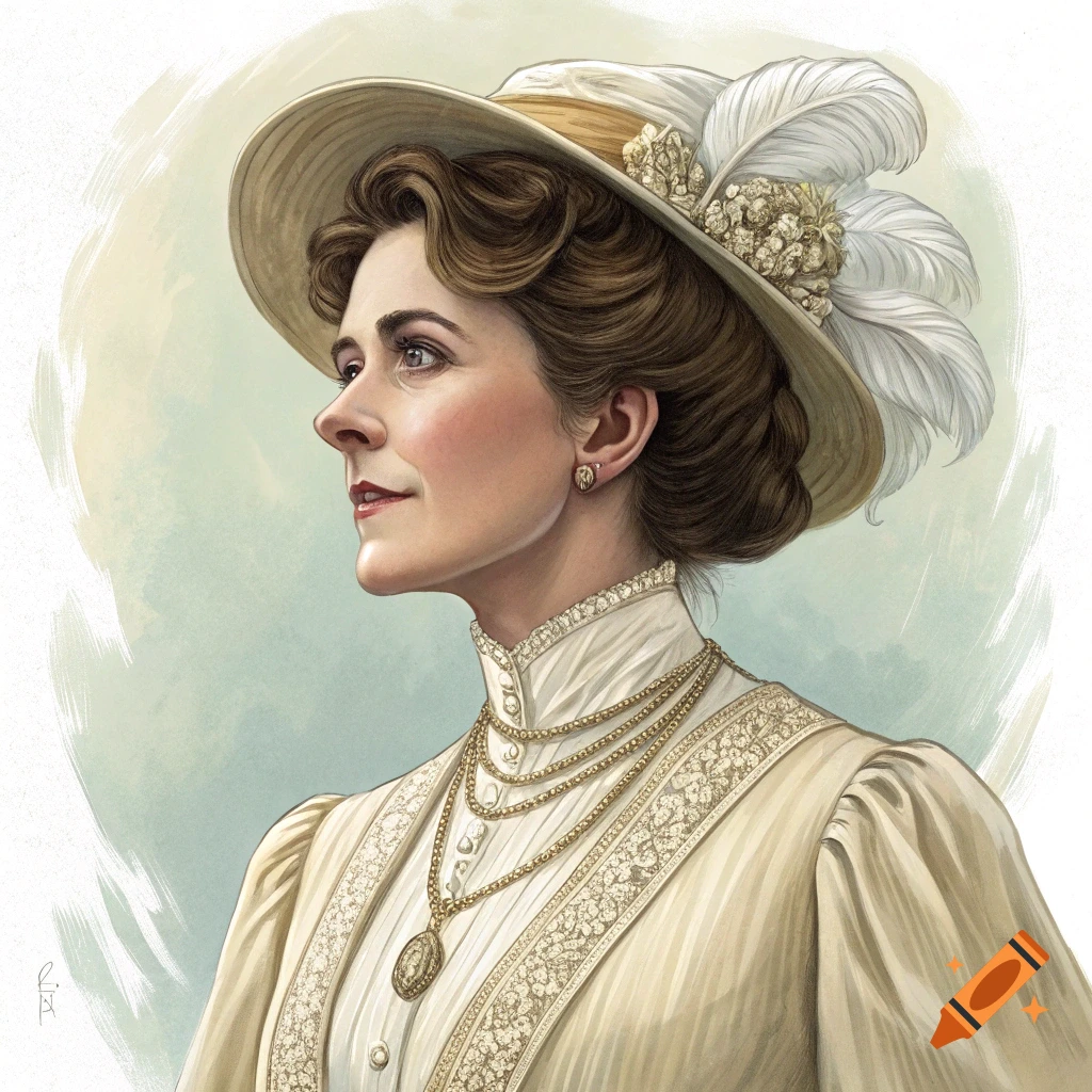Painterly portrait of a woman in historical clothing, wearing a feathered hat and layered gold necklaces.