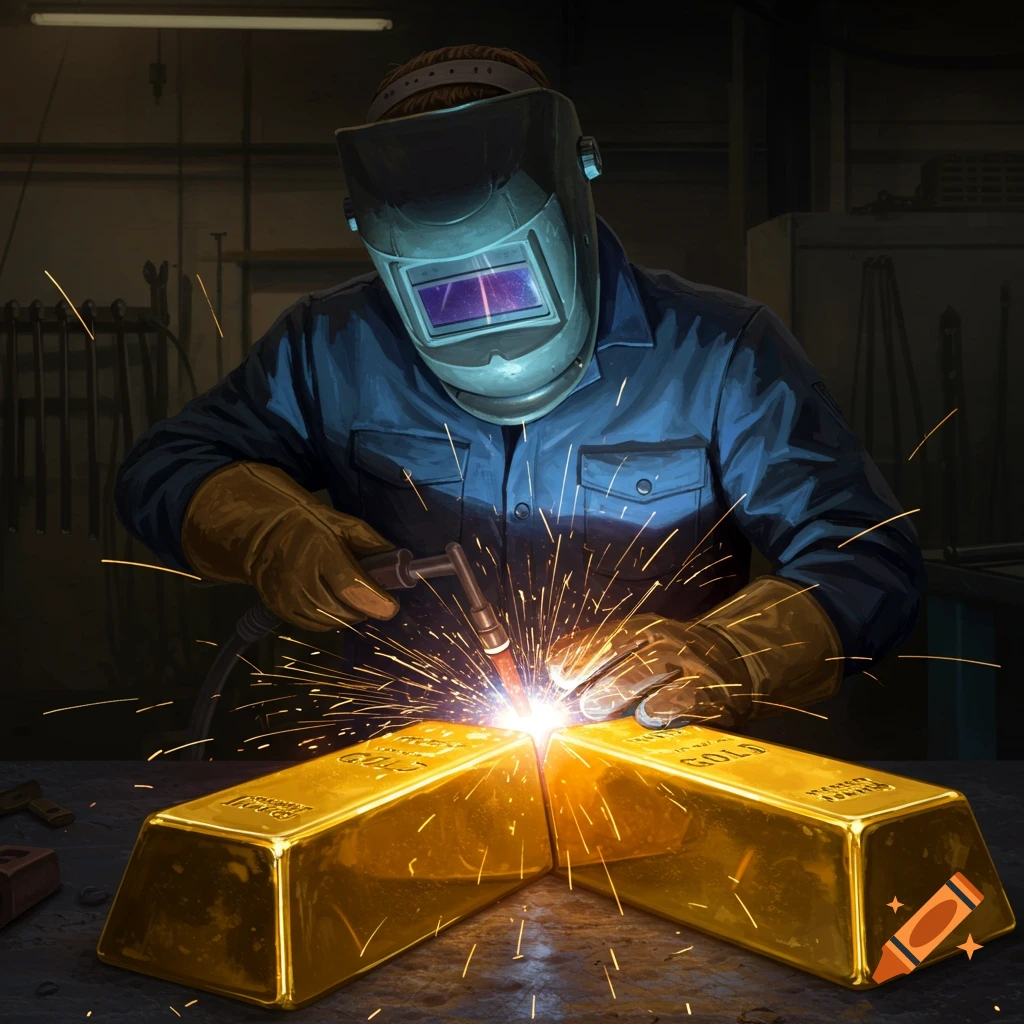 A person is welding two gold bars together, creating a shower of sparks.