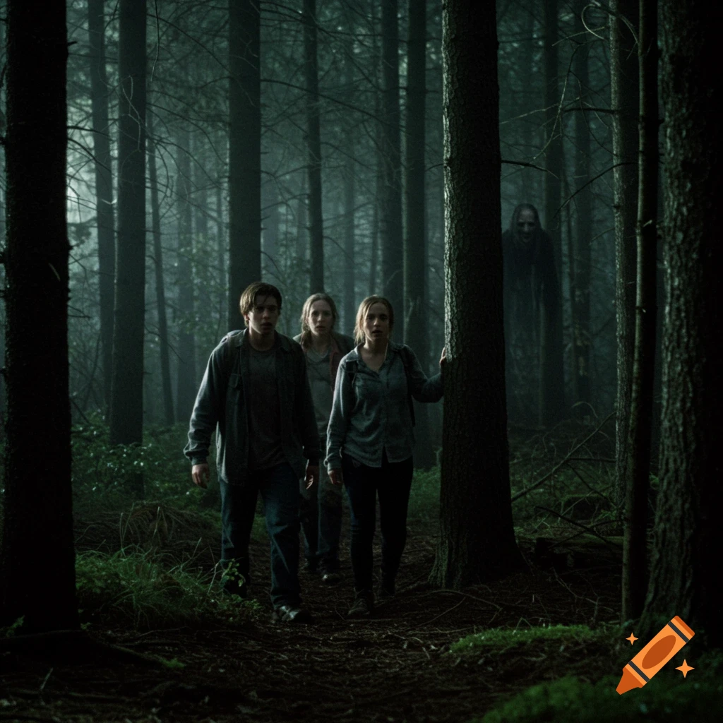 Three people walk through a dark, misty forest with a sinister figure lurking among the trees in the background.