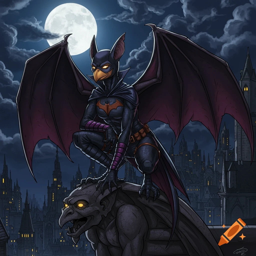 Bat-winged bird-person in superhero costume on gargoyle overlooking gothic city at night.