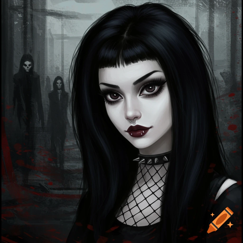 A portrait of a gothic woman with dark makeup and a fishnet top.