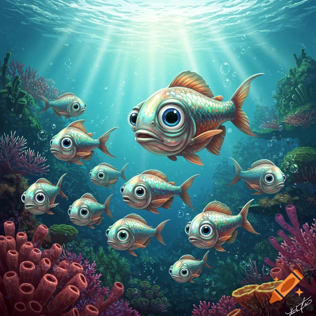 Colorful cartoon fish with big eyes swim in a vibrant coral reef underwater, illuminated by sun rays.
