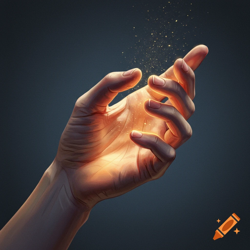 An open hand glowing with light, catching golden sparkles.