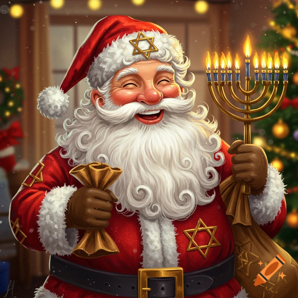 A happy Santa Claus wearing a Santa hat and coat with Stars of David, holding a menorah and a gift sack.