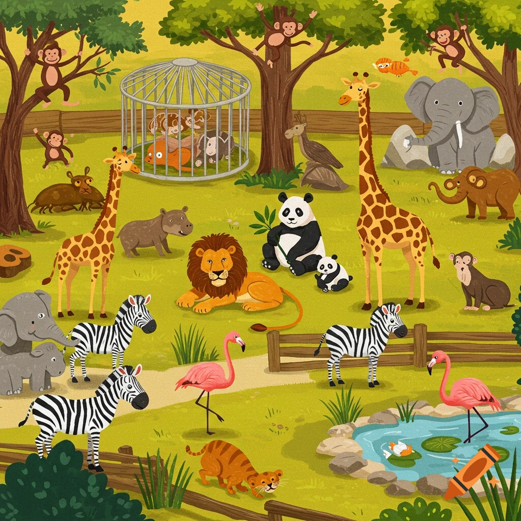 A colorful cartoon illustration of various animals in a zoo setting.