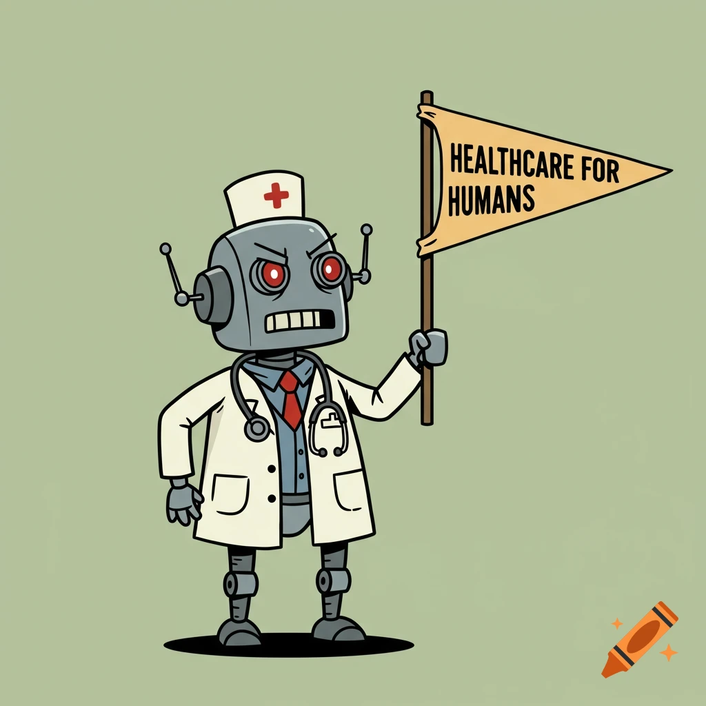 A simple cartoon illustration of a retro robot doctor holding a pennant that reads 'Healthcare for Humans'.