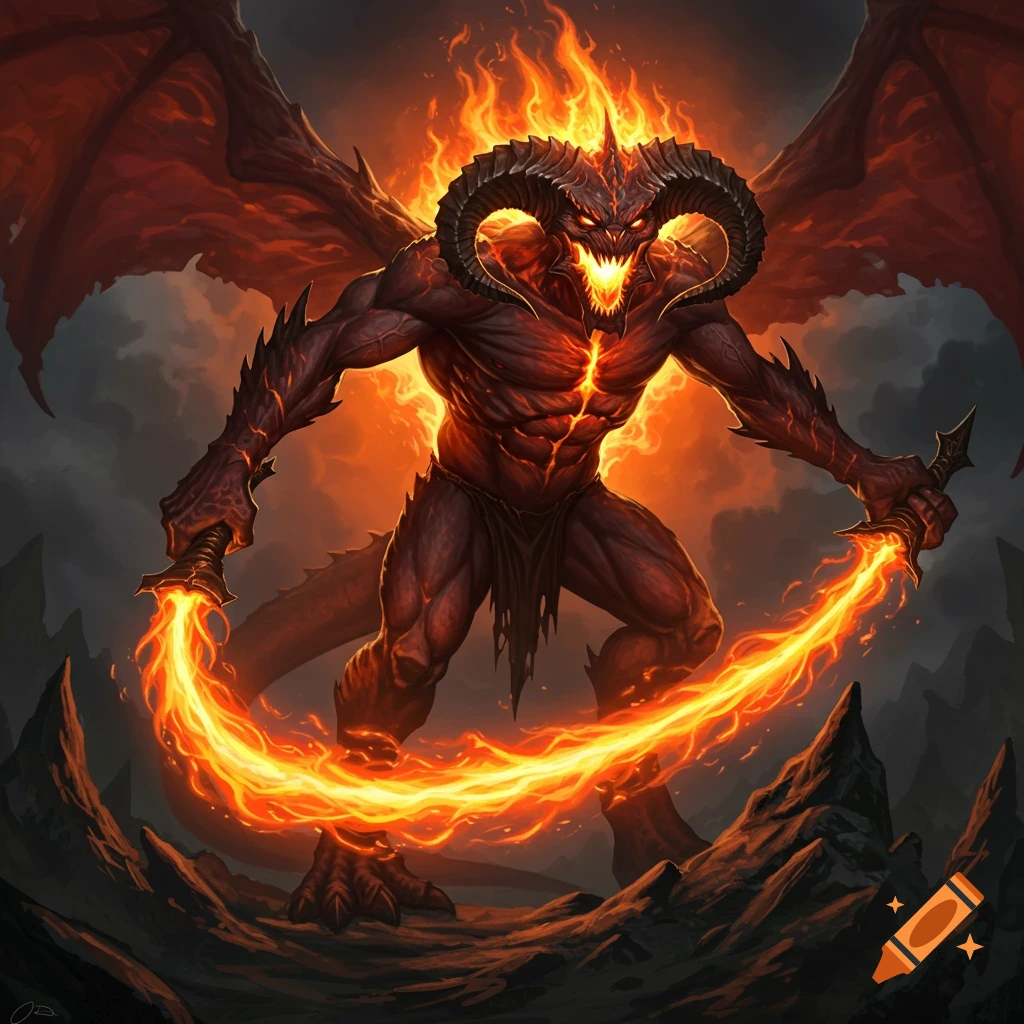 A large demonic creature with wings and horns, holding fiery swords.