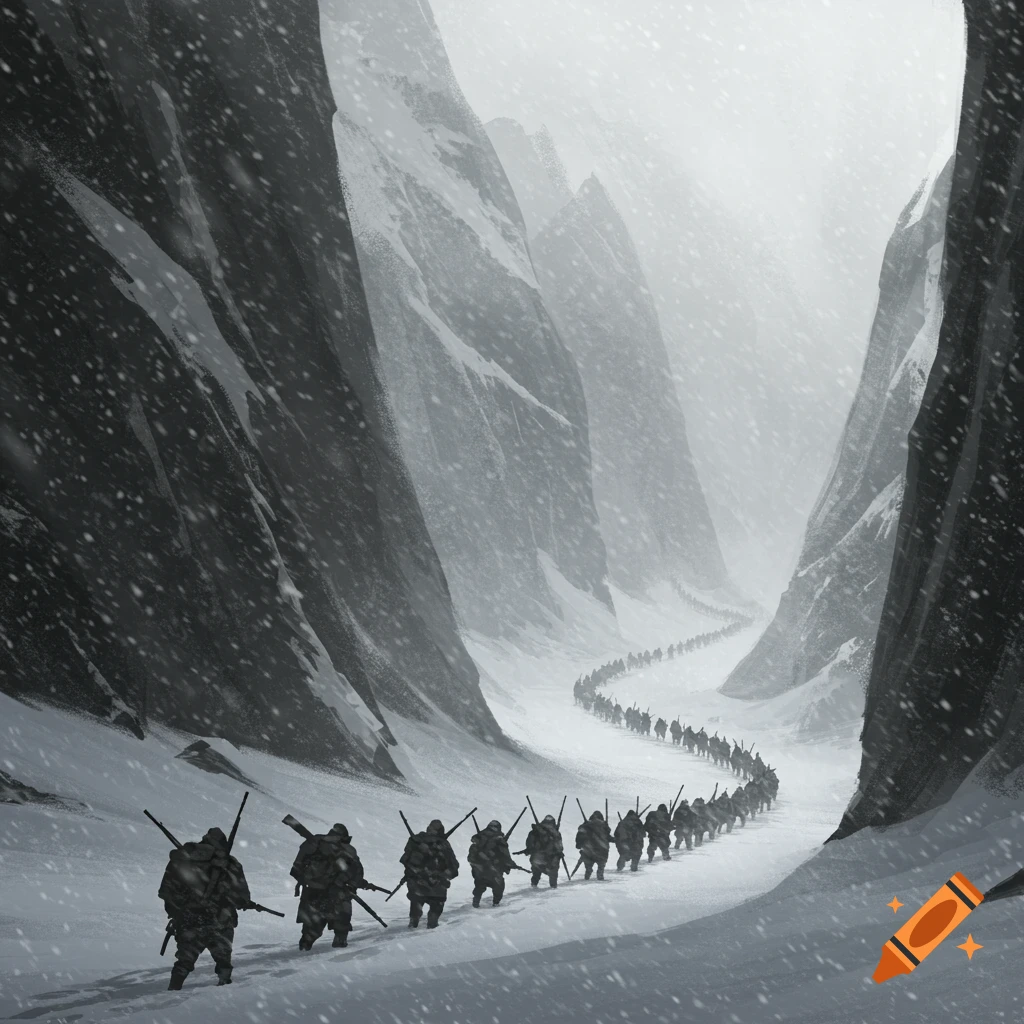 A long line of soldiers marches through a snowy mountain valley during a blizzard.