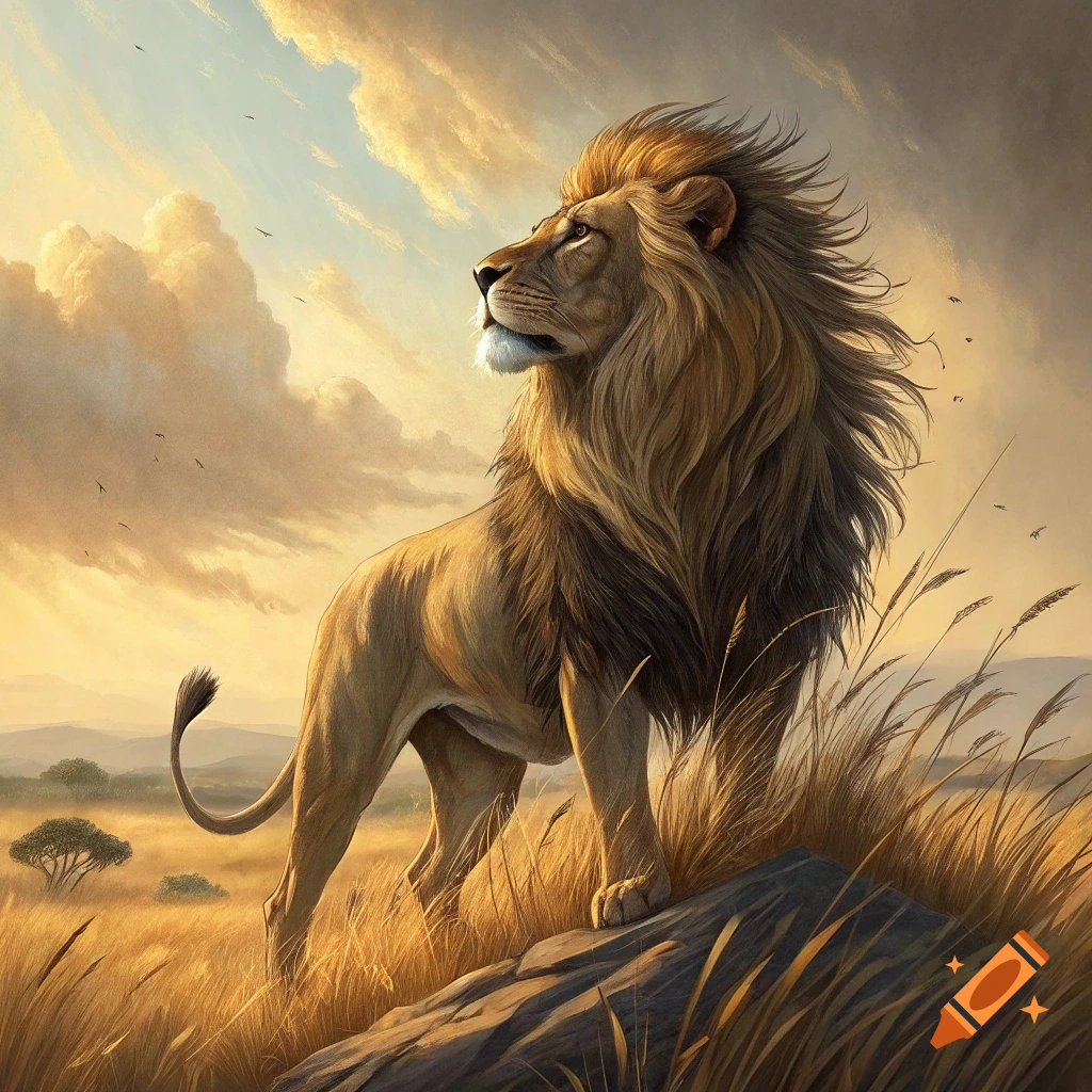 Majestic lion stands on a rock in a savanna at sunset, looking into the distance.