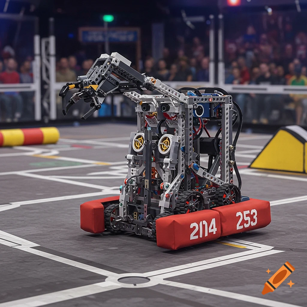 A realistic image of an FRC robot on a competition field with spectators in the background.
