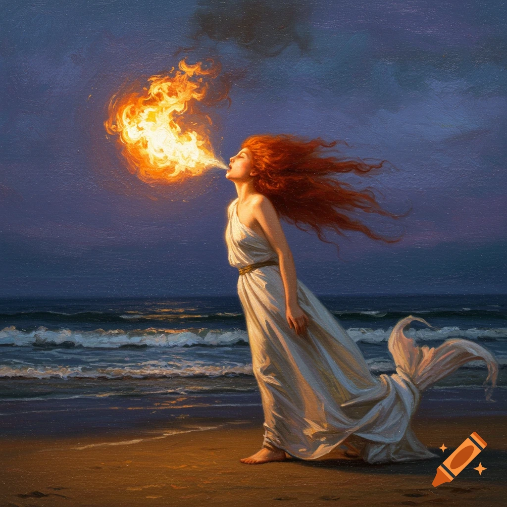 Painting of a woman with red hair breathing fire on a beach at night.
