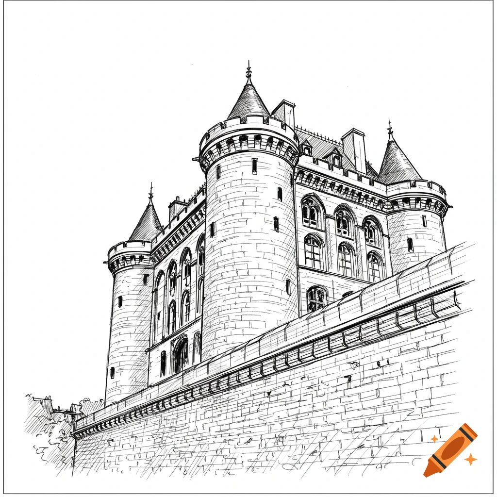 Black and white sketch of a large castle with towers and a retaining wall, viewed from a low angle looking up.