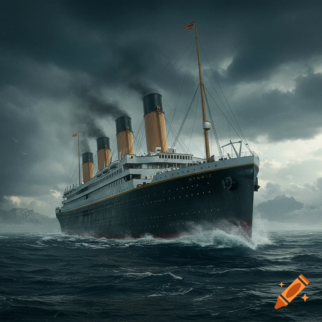 The Titanic ship on stormy seas