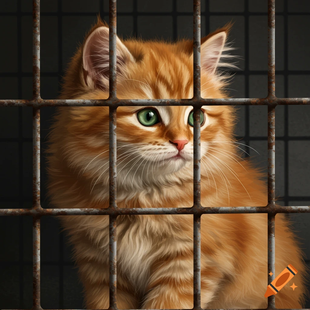 An orange kitten with green eyes looks out from behind rusty bars.