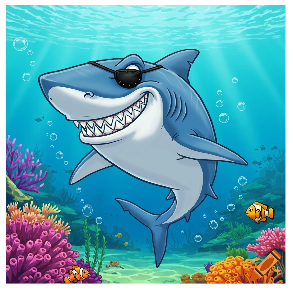 A cartoon shark wearing an eyepatch swims underwater among coral and fish.