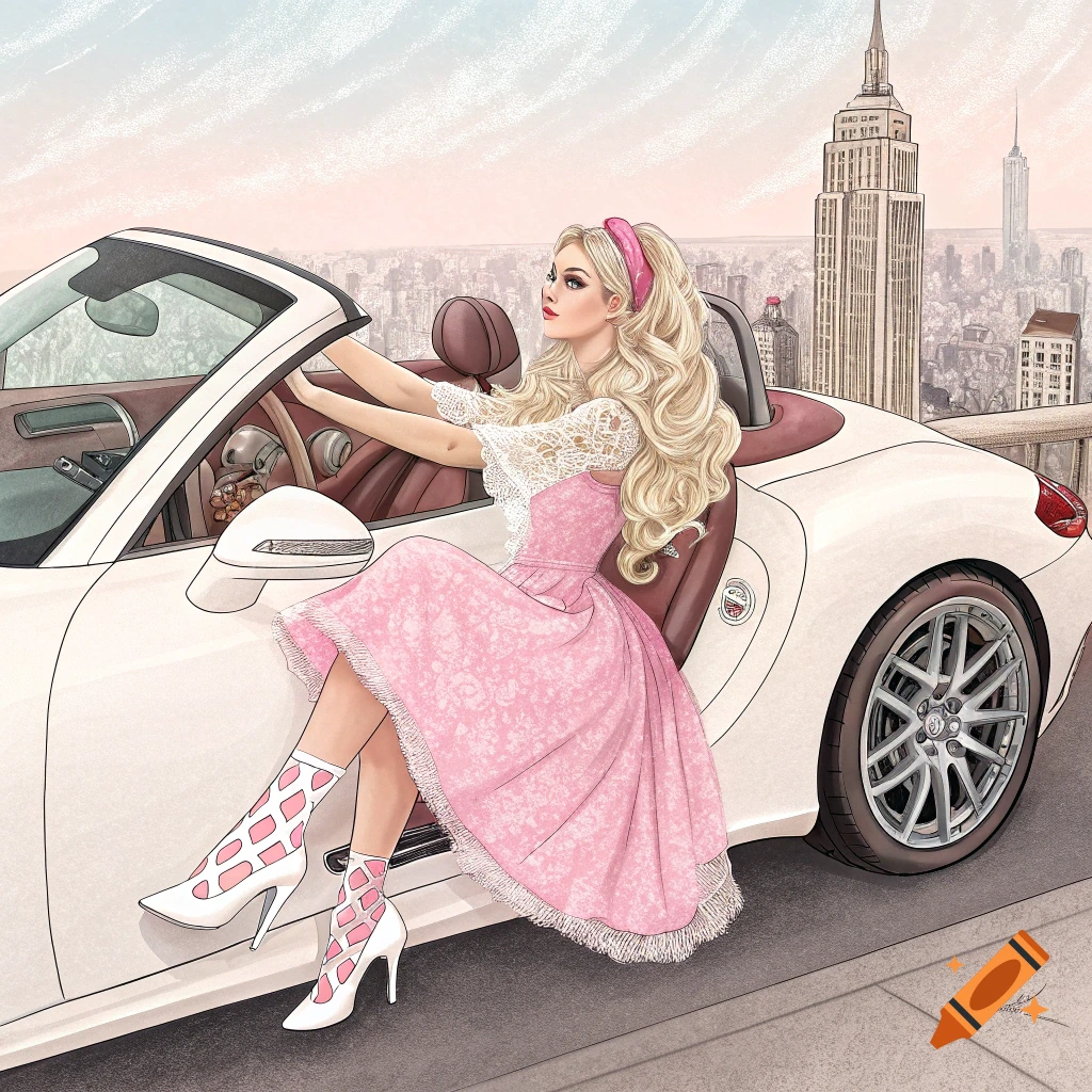 Illustration of a woman in a pink dress and white boots driving a white convertible with the New York City skyline behind her.