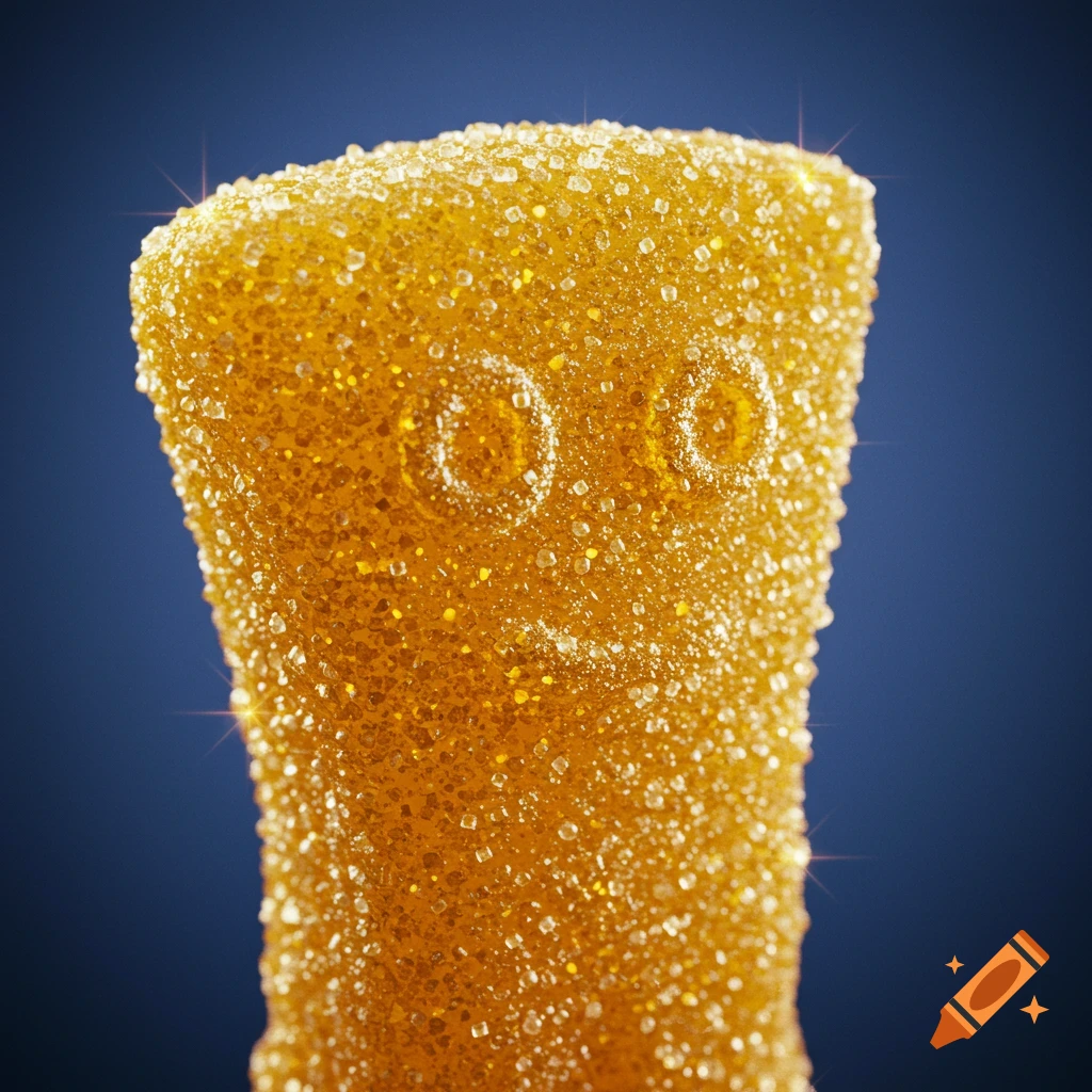 Close-up of a sparkling gold sugar-coated candy on a blue background.