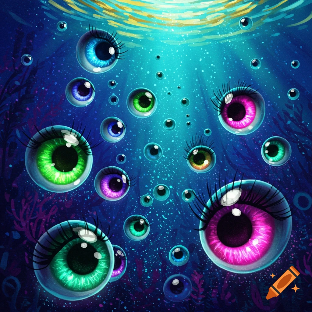 Colorful, large, stylized eyes float underwater.