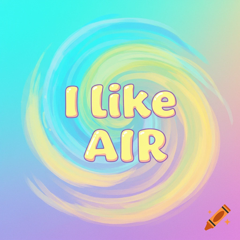 Yellow bubble letters saying 'I like AIR' on a swirling blue, green, yellow, and purple background.