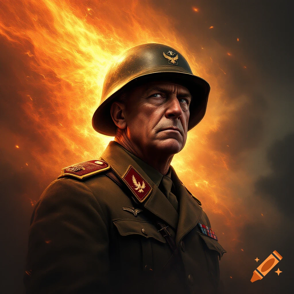 A WW2 general is depicted in uniform and helmet with phoenix flames behind him.