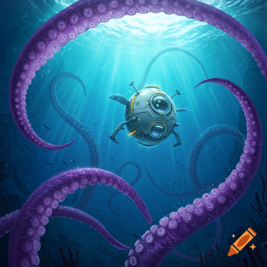A small submersible is surrounded by giant purple tentacles underwater
