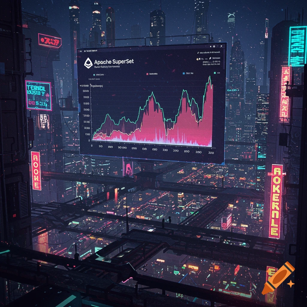 A screen displaying a technical analysis graph of Apache Superset in a futuristic city.