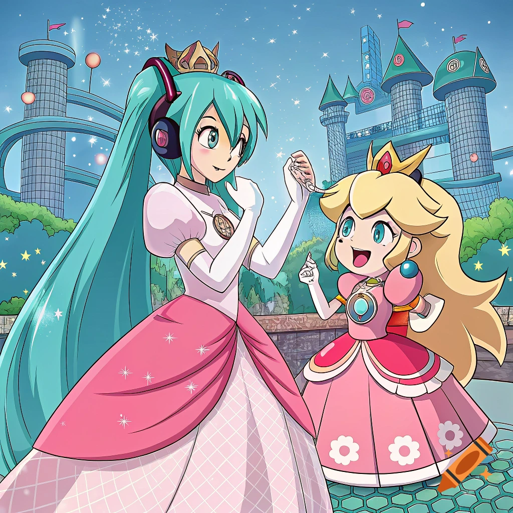 Hatsune Miku and Princess Peach in elaborate dresses stand in a fantasy setting with castles.