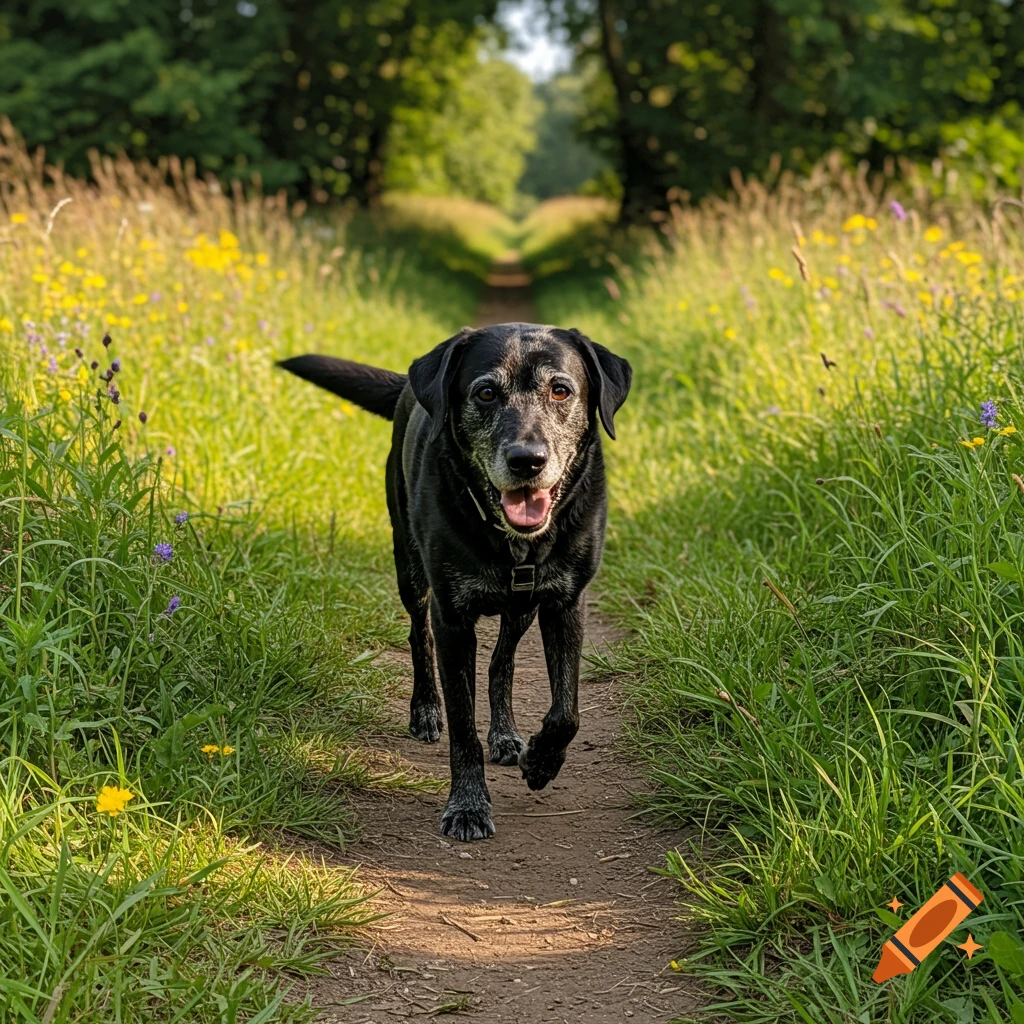 A black lab mix dog walks on a dirt path through tall grass and yellow flowers.