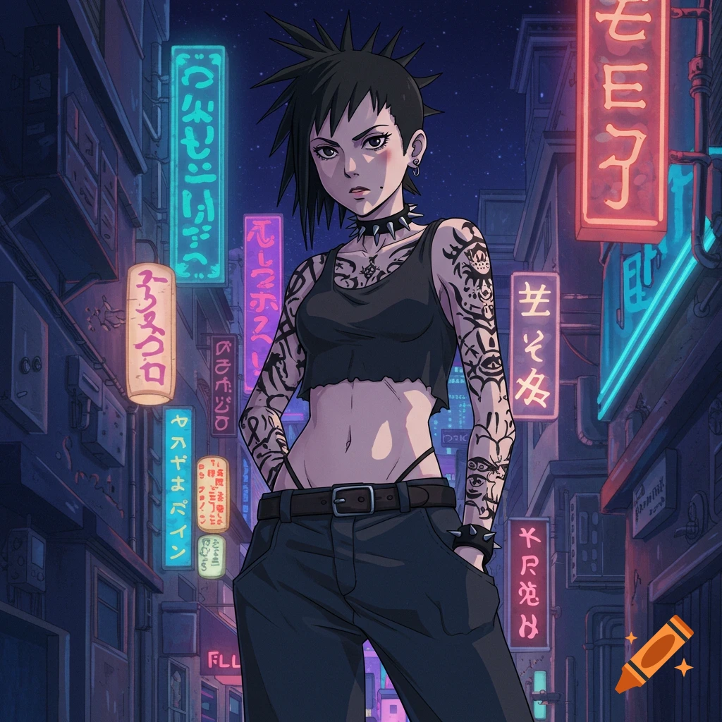 A punk-styled woman with tattoos stands in a neon-lit cyberpunk city street, in Studio Ghibli anime style.