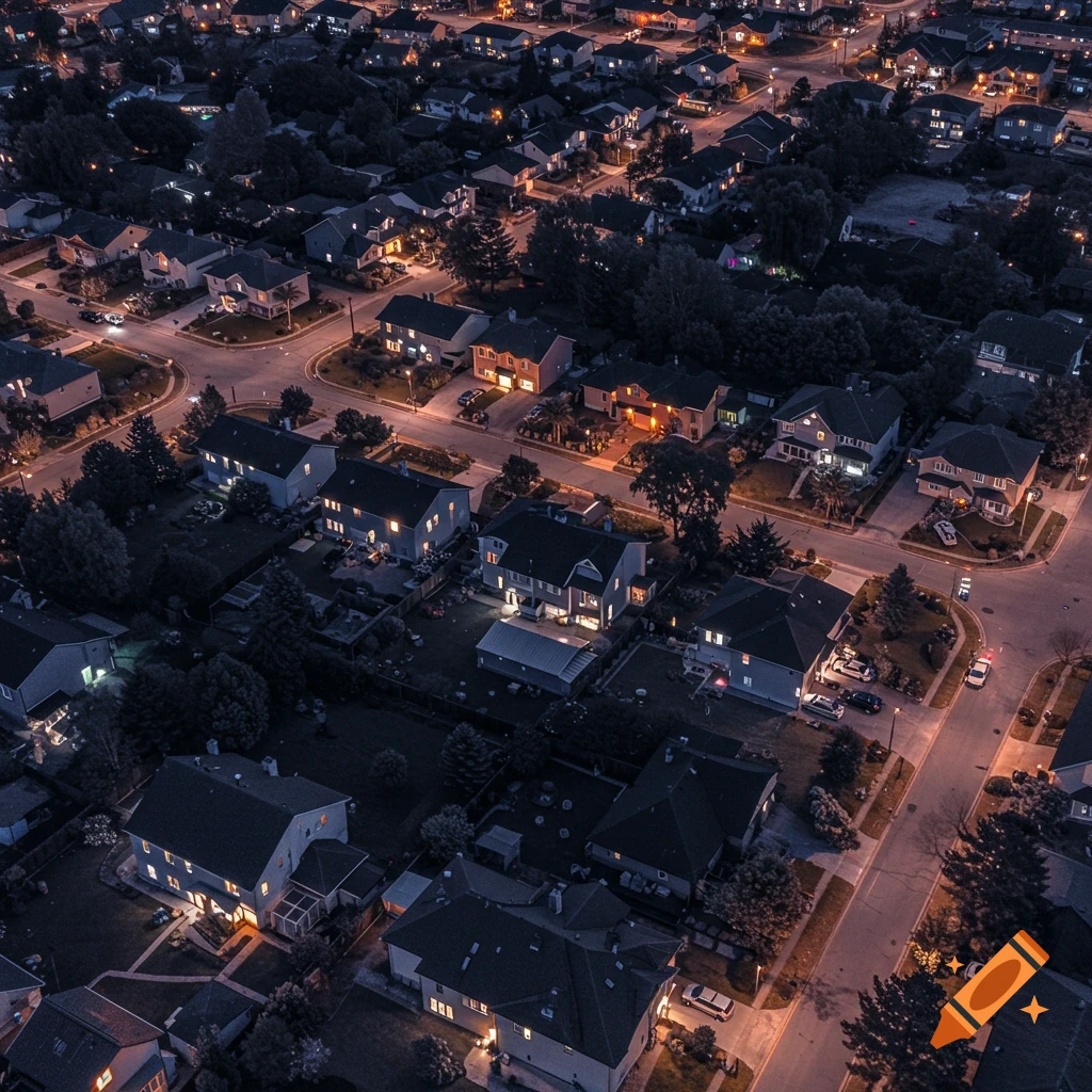 Aerial view of a residential neighborhood at night.