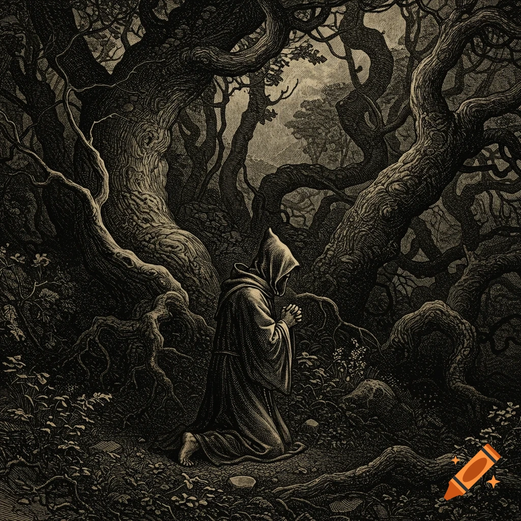 Hooded figure praying in a dark, tangled forest, engraving style.