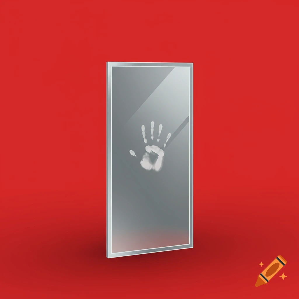 Vector art of a foggy handprint on a mirror against a red background