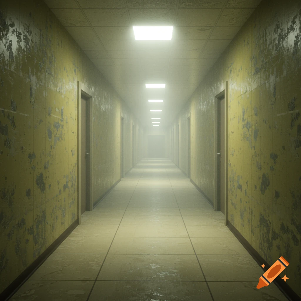 Long empty hallway with yellowing walls and doors, lit by ceiling lights.