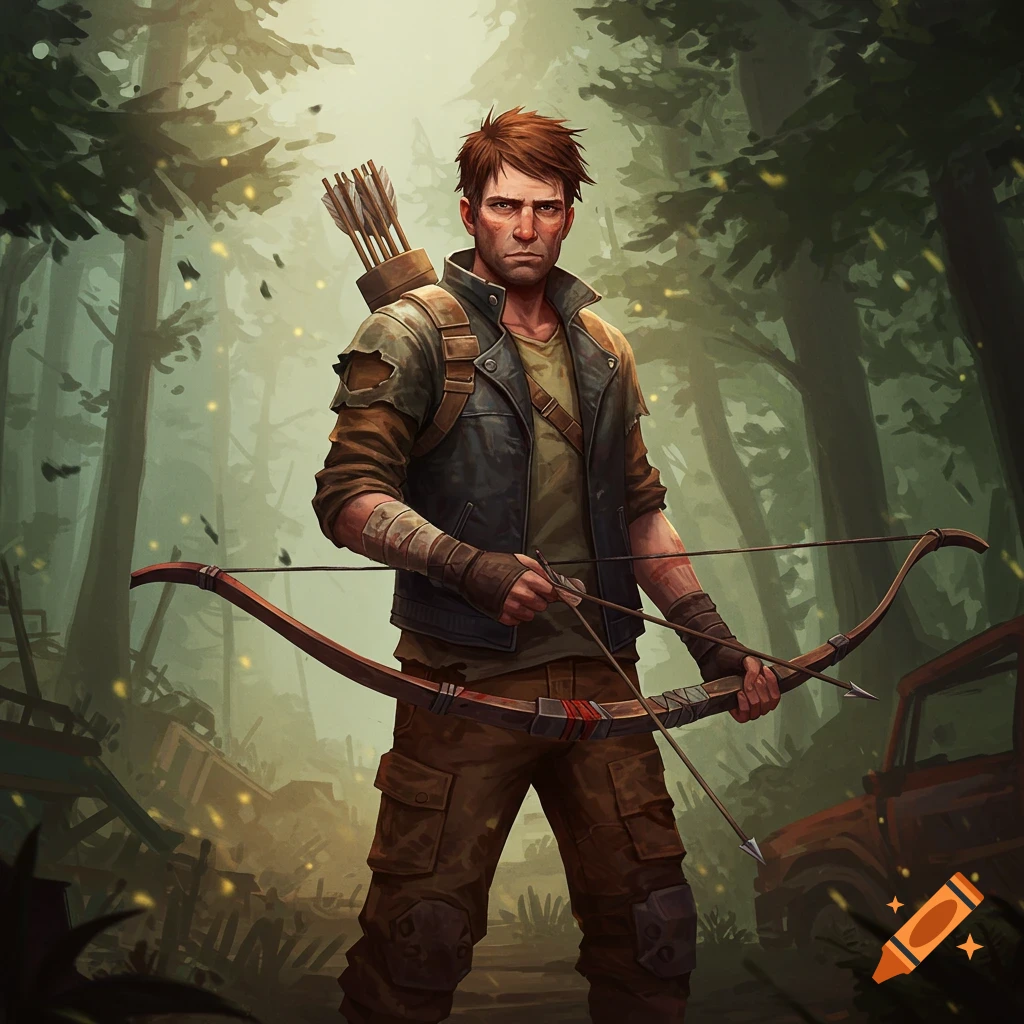A survivalist with a bow and arrow stands in a forest clearing.