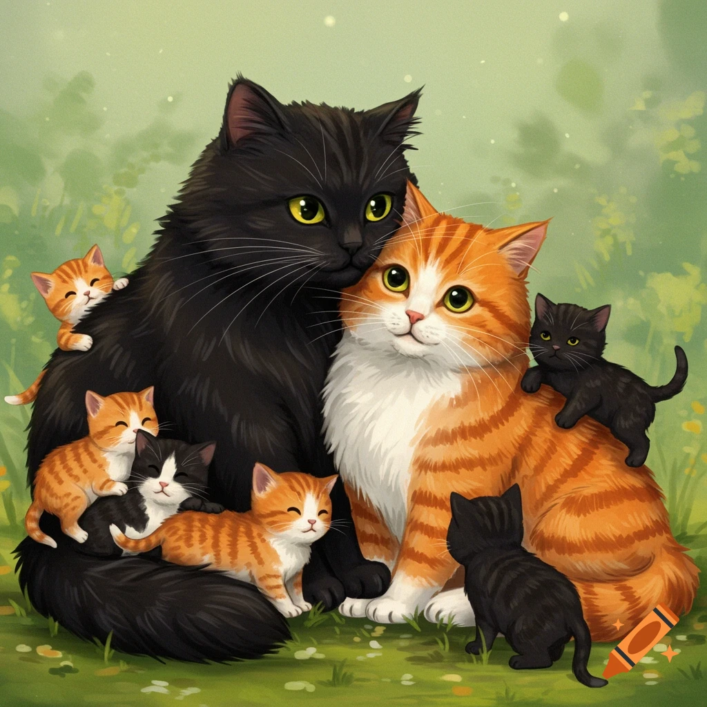 A black cat and an orange tabby with many playful kittens in a grassy meadow.