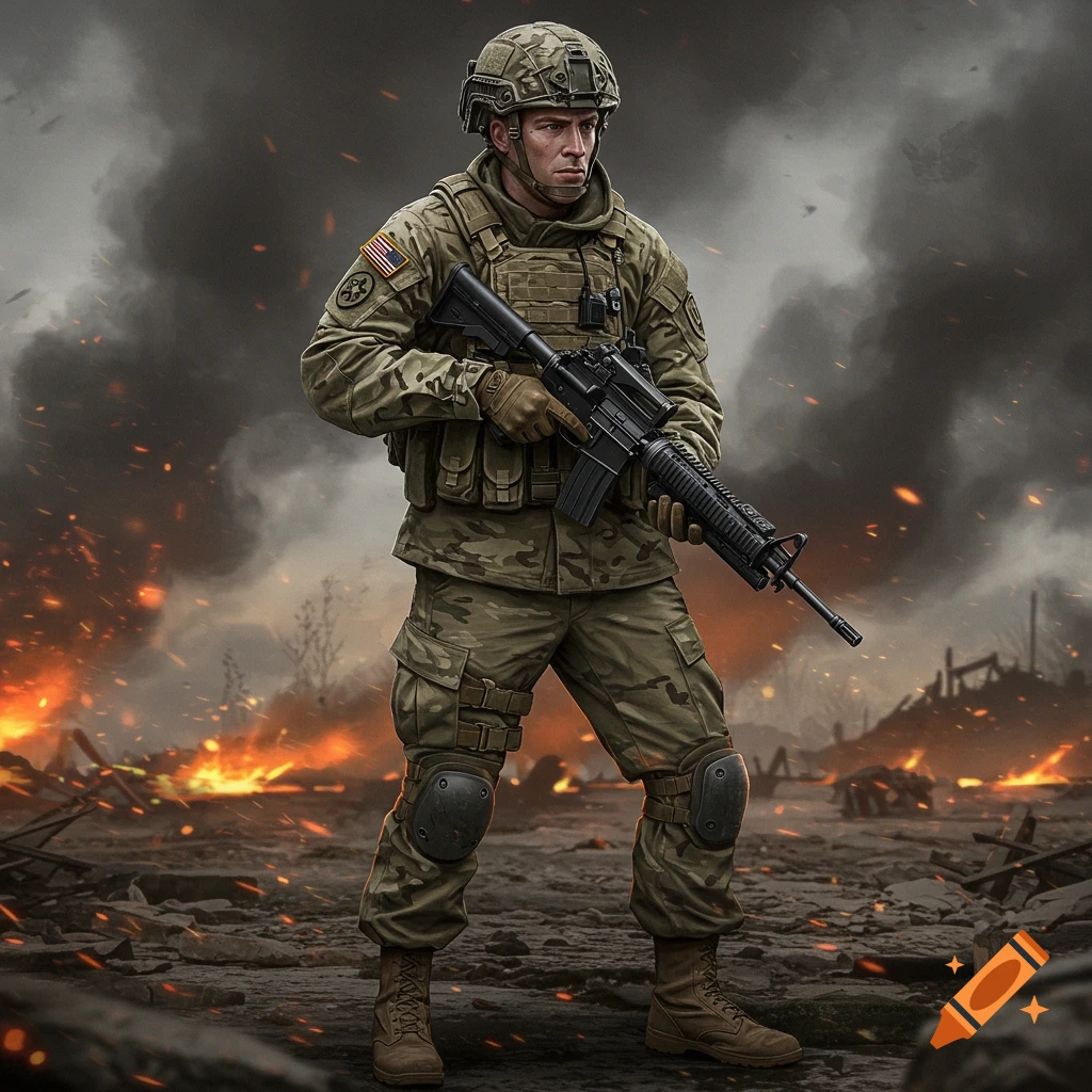 A soldier holding a rifle in a ruined, burning battlefield.
