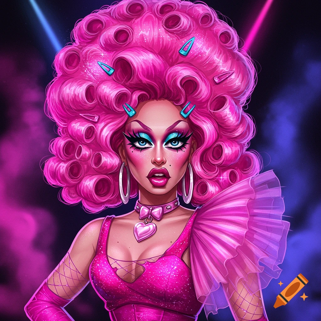 A drag queen with pink hair and makeup