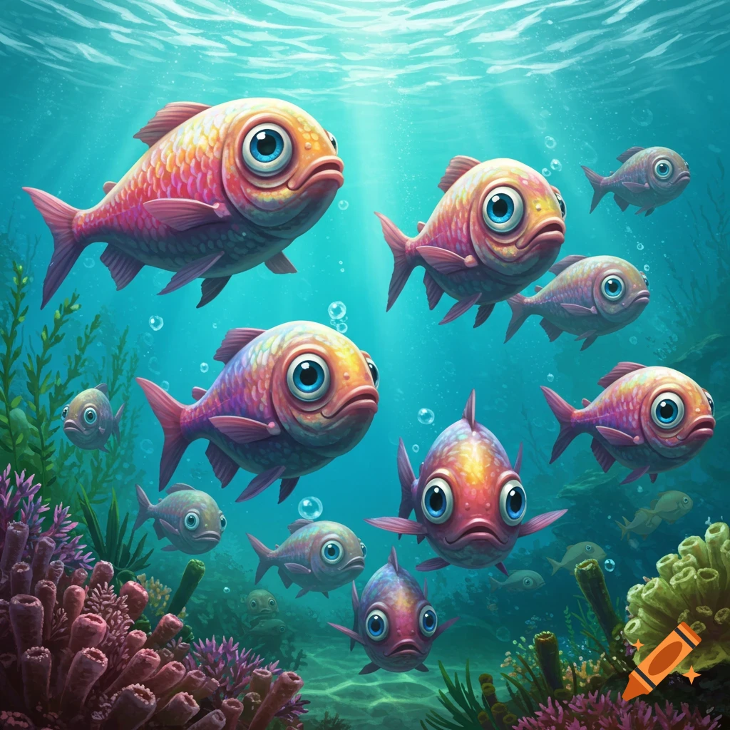 Colorful cartoon fish with big eyes swimming underwater among coral