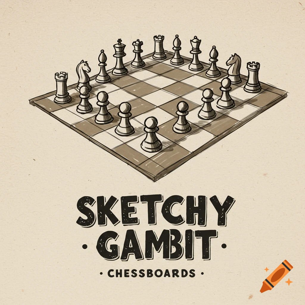 Sketchy illustration of a chess board with pieces and the text 'SKETCHY GAMBIT CHESSBOARDS'.