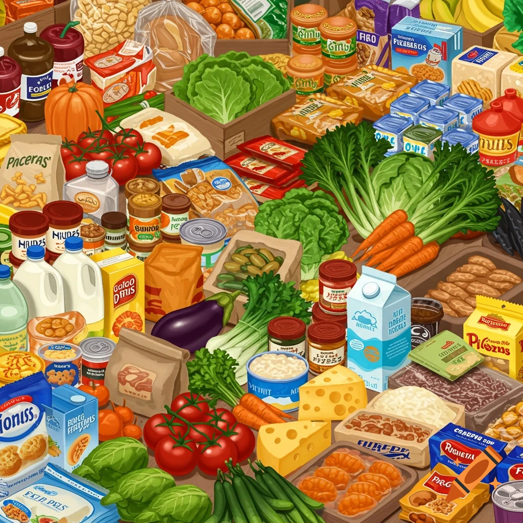 A detailed image showing a large assortment of groceries including fruits, vegetables, canned goods, and packaged food items.