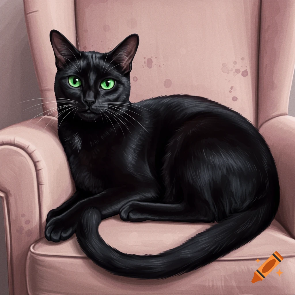 A black cat sits on a pink armchair.