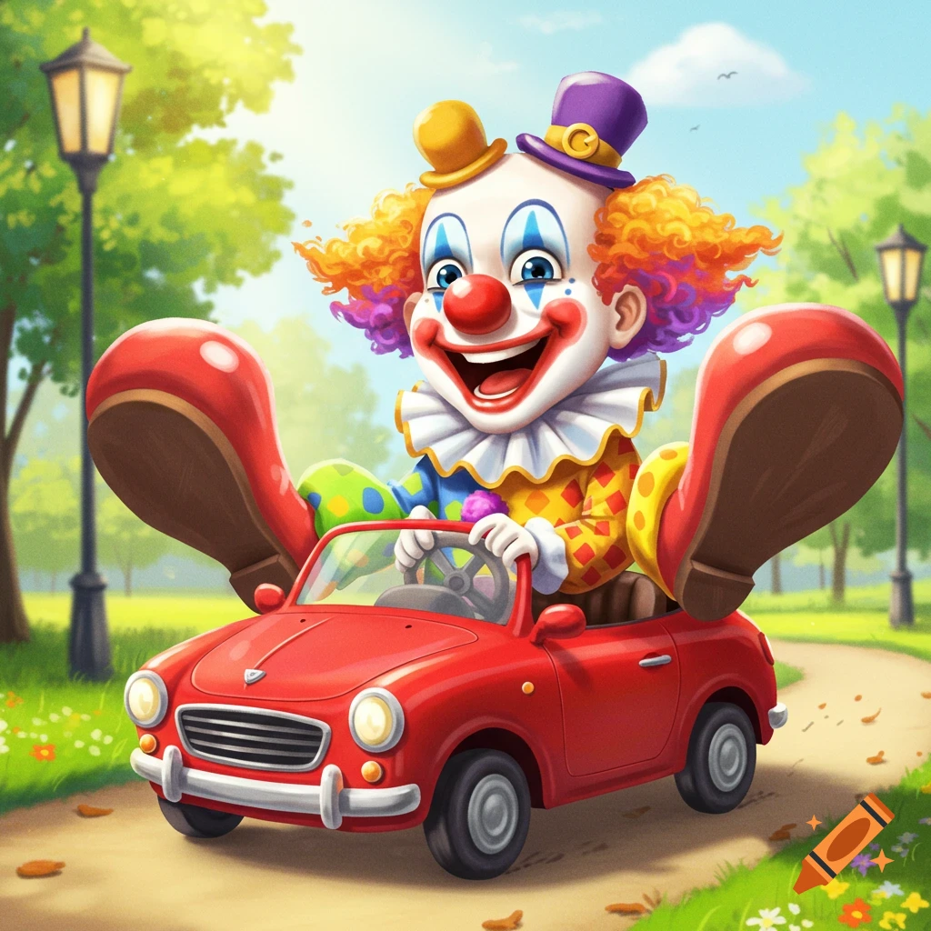 Cartoon illustration of a cheerful clown driving a tiny red car down a park path.