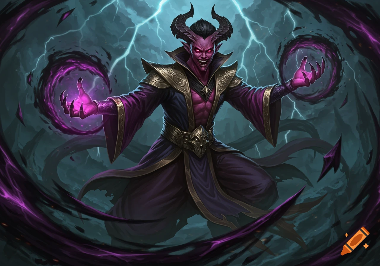 A demon sorcerer casting purple magic in a stormy sky.