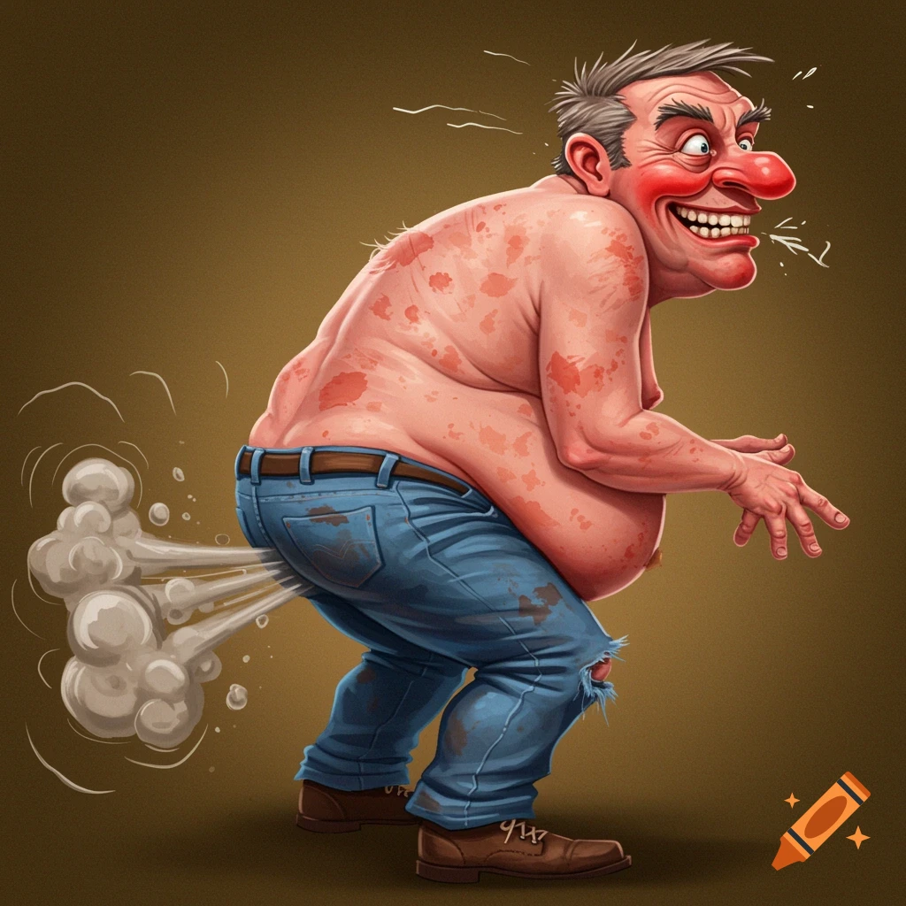 Cartoon illustration of a man farting with an exaggerated expression.