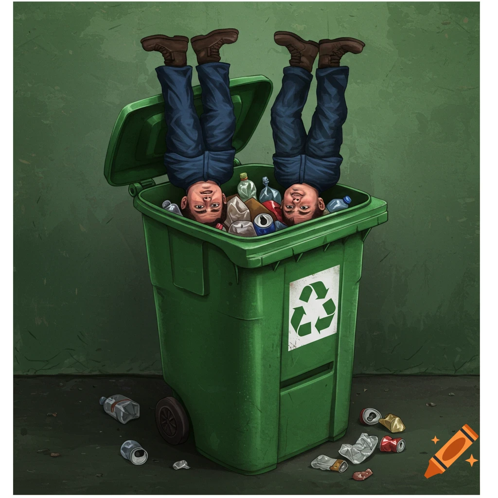 Two men are upside down inside a green recycling bin.