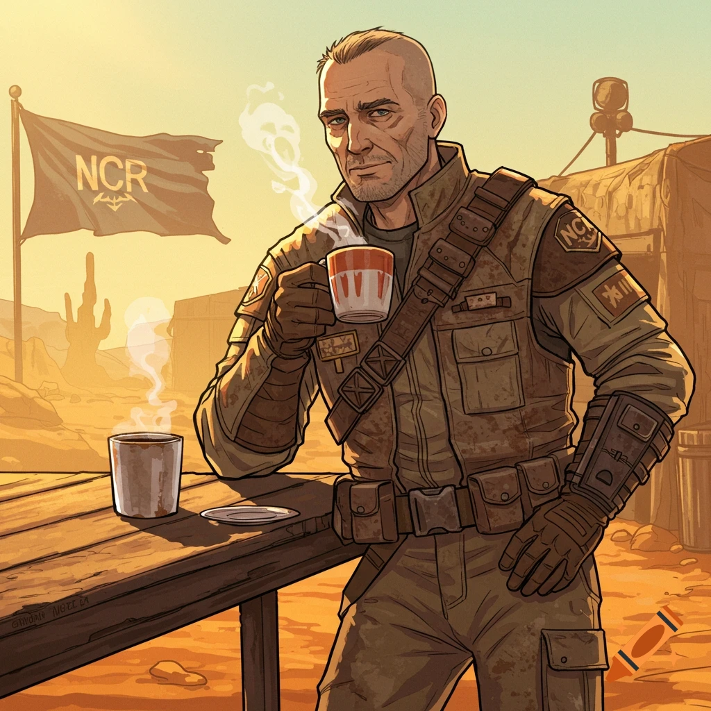 A Veteran NCR Ranger drinking coffee at a table in a desert wasteland