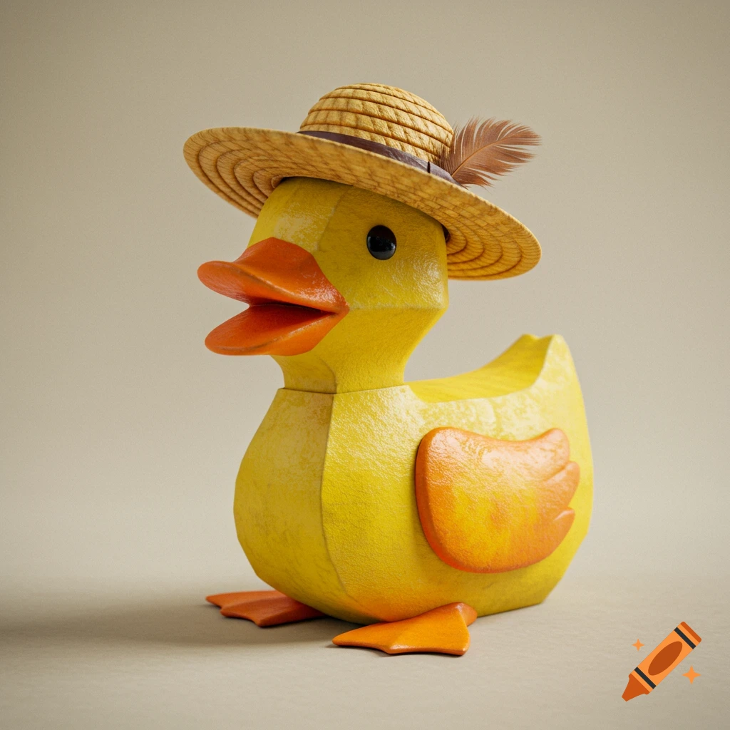 A yellow cartoon duck wearing a straw hat with a feather.