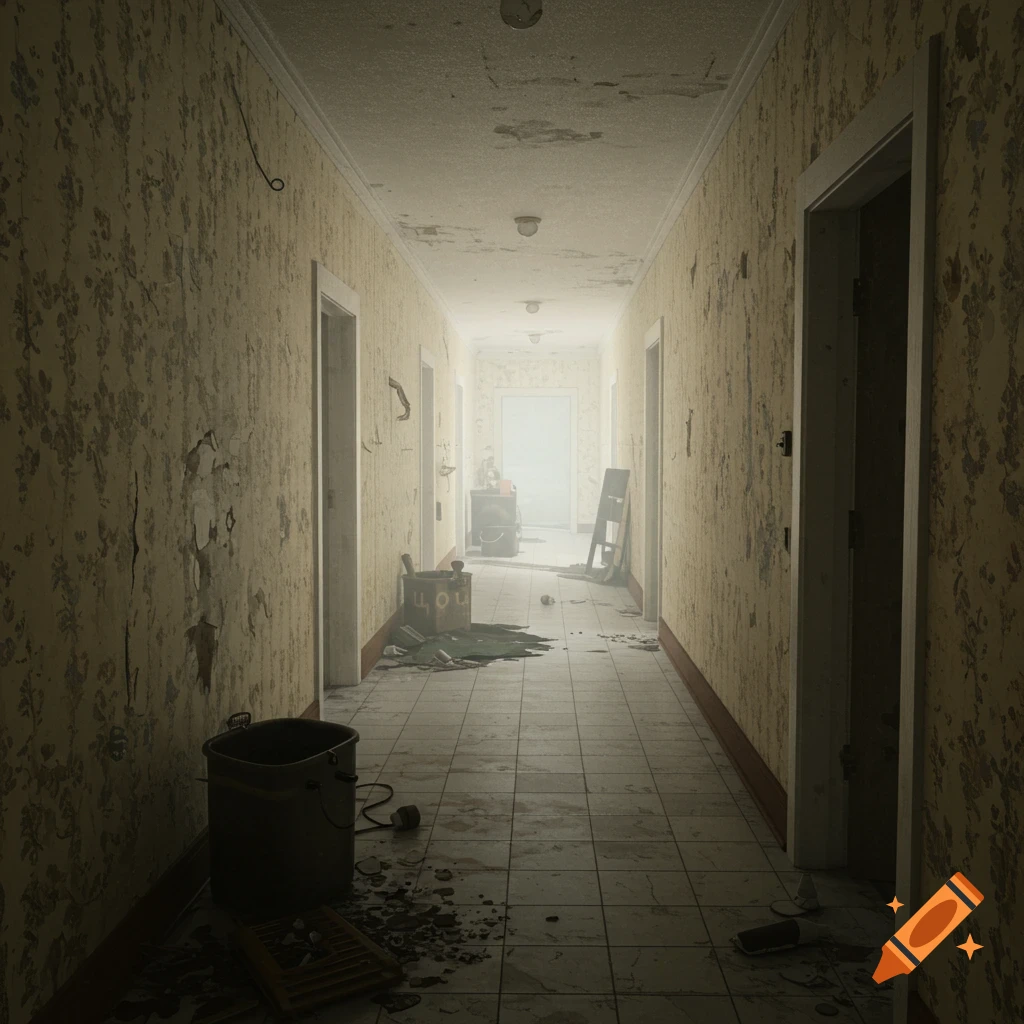 A long, empty, decaying hallway.